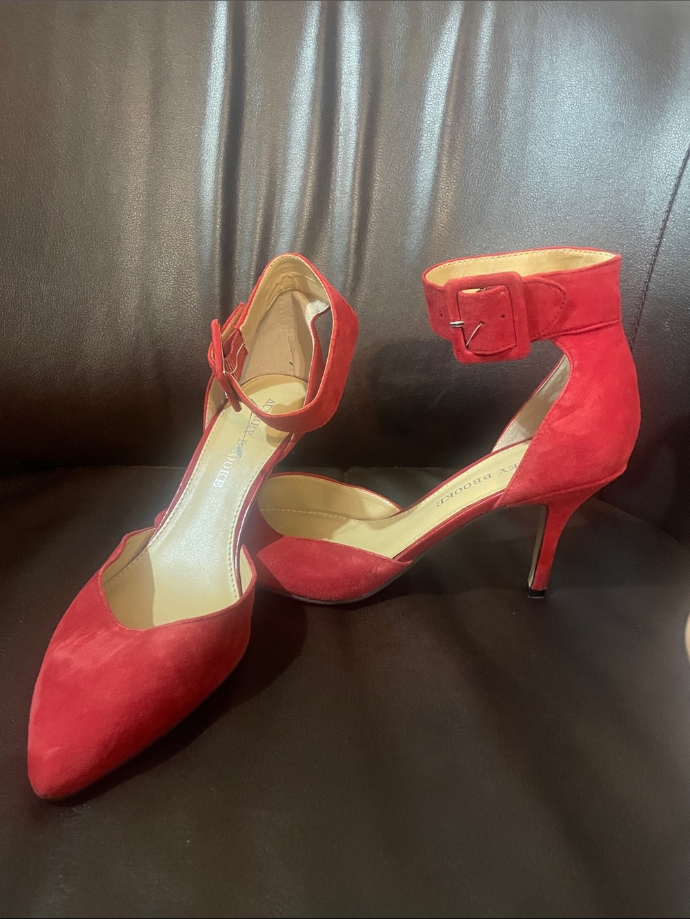 Audrey Brooke Red Suede Ankle-Strap Pointed-Toe Heels